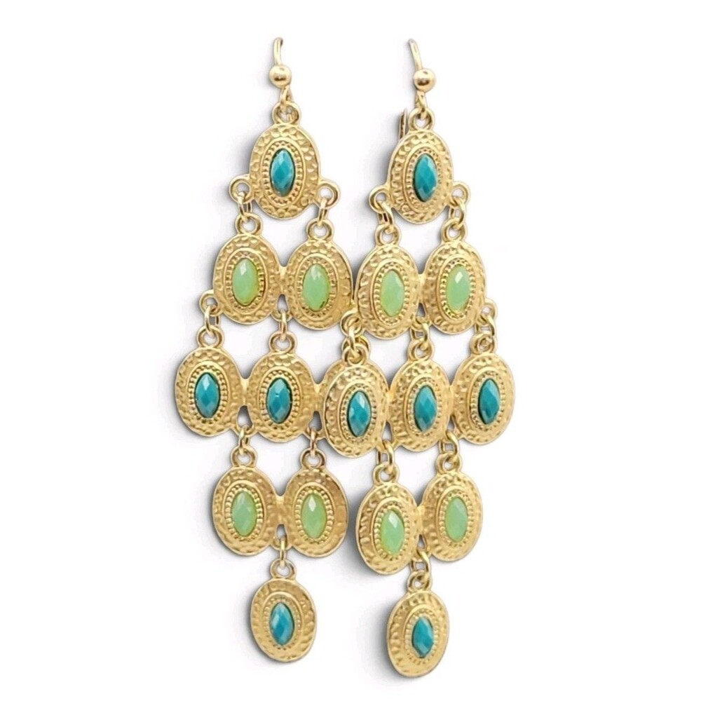 Matte Gold Tone Chandelier Earrings  Green R